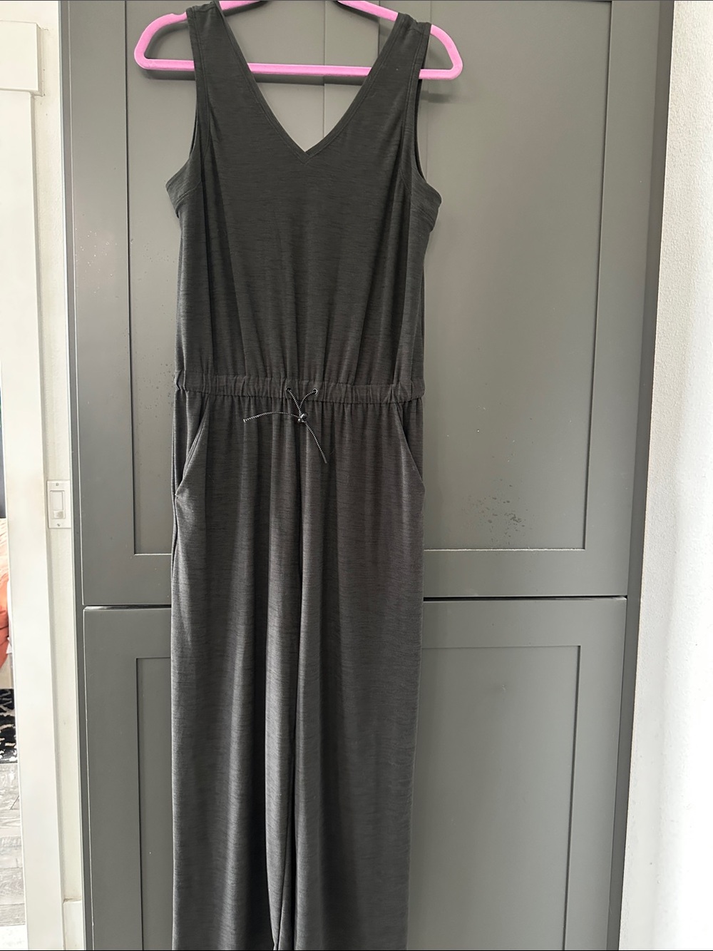 Sleeveless V‑Neck Maxi Jumpsuit Dress with Drawstring Waist - Grey